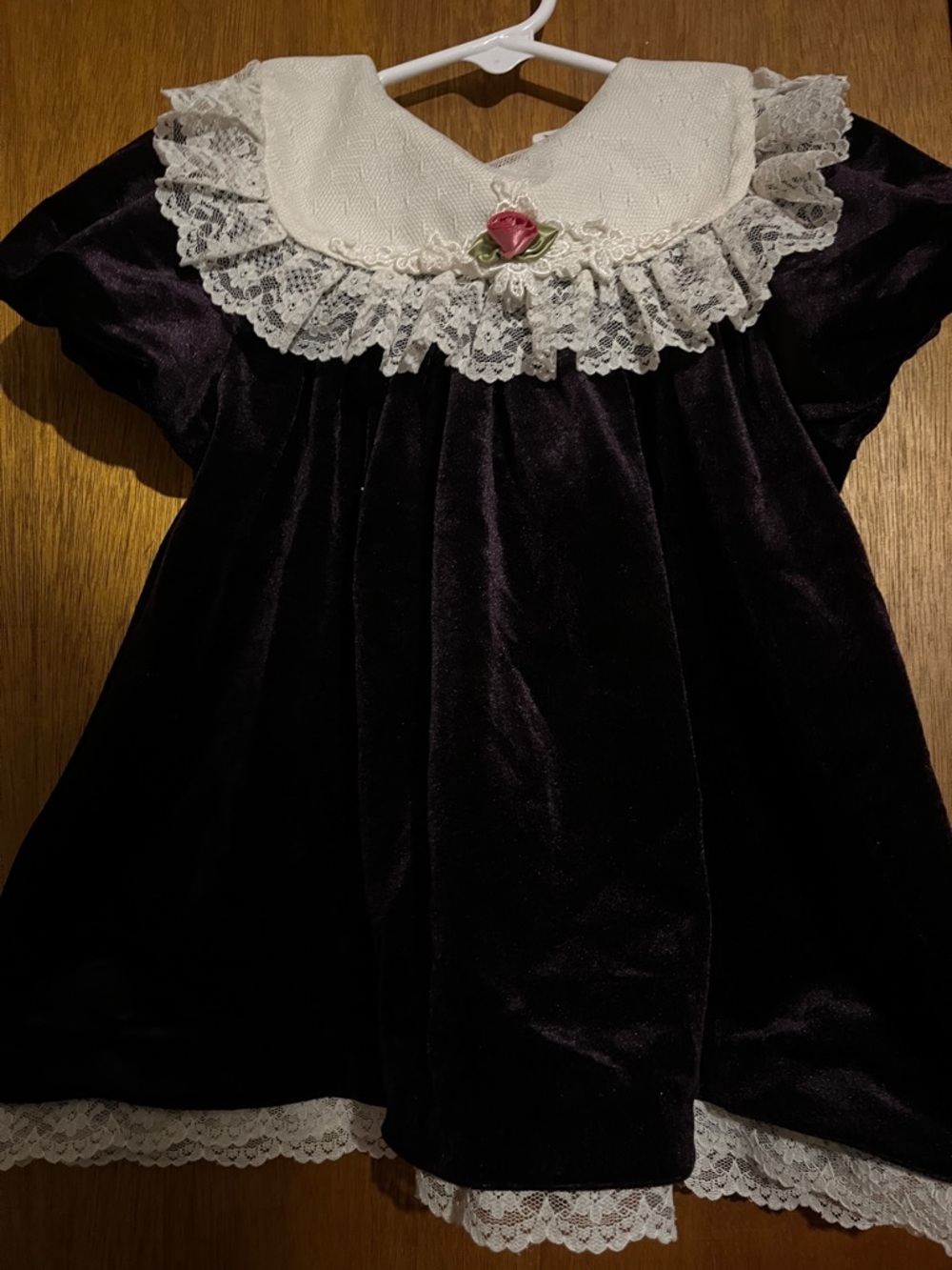Vintage Velvet Baby Dress with Lace Collar and Rose Accent
